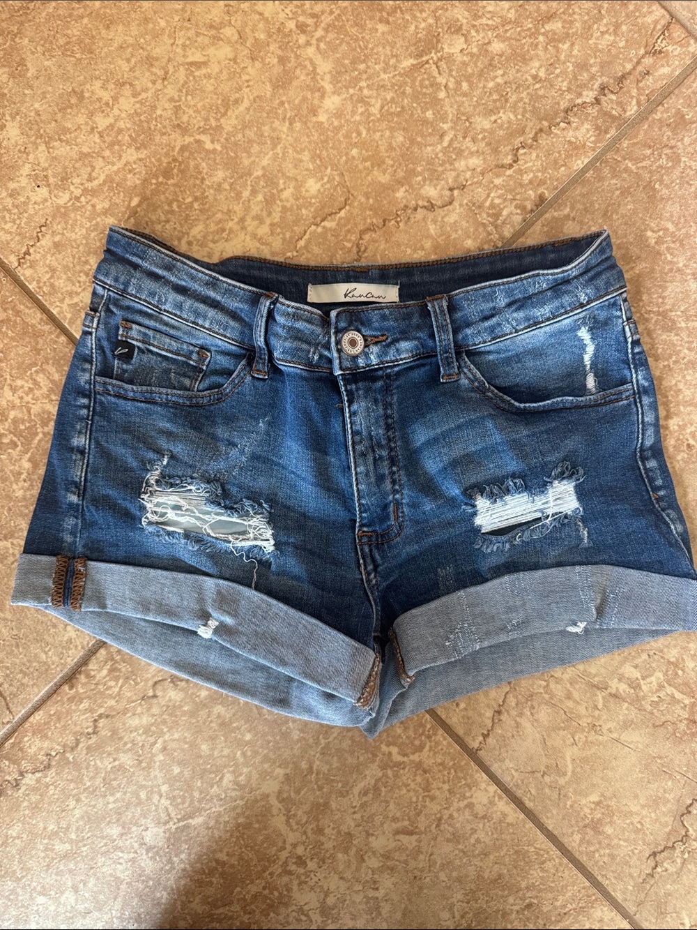 KanCan Dark Blue Distressed Rolled-Hem Denim Shorts